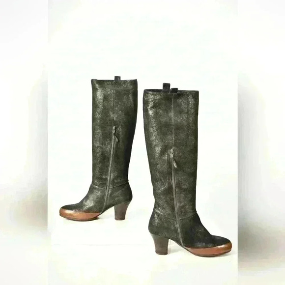 DRIES VAN NOTEN Emerald Green Distressed Metallic Leather Mid Calf Boots 9US - Picture 3 of 9